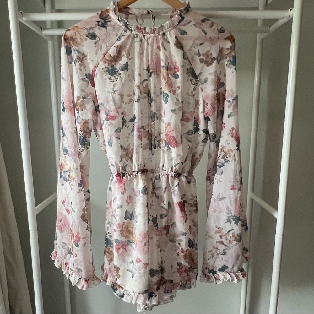 White and Pink Floral Romper with open back